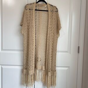 BN6 Soft Surroundings Tan‎ Crochet Fringe Kimono Cardigan Festival Fairy Boho